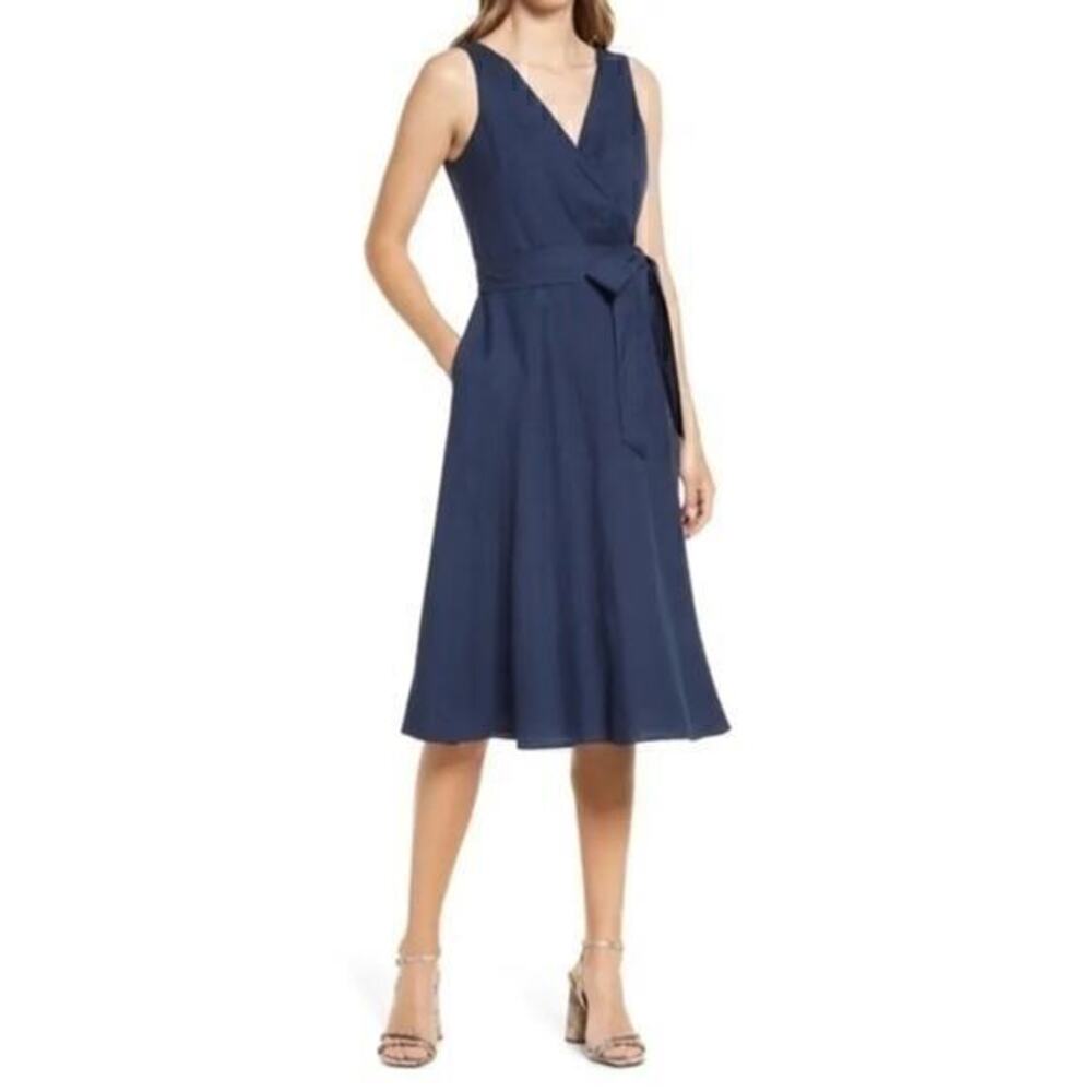 Eliza J Navy Blue Linen Blend Sleeveless V-neck Fit And Flare Dress Size 2 NWT